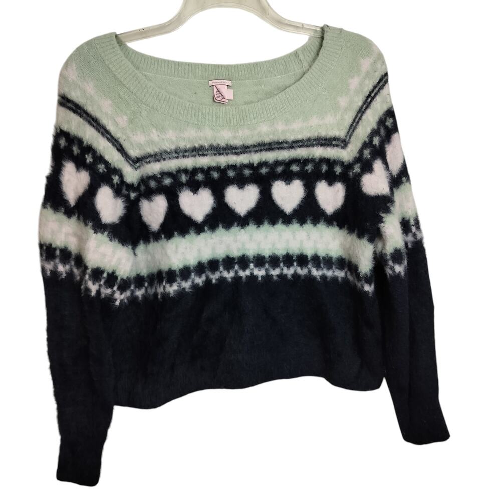 4813) Victoria's Secret Fair Isle Hearts fuzzy Cozy Balloon Sleeve Sweater Med